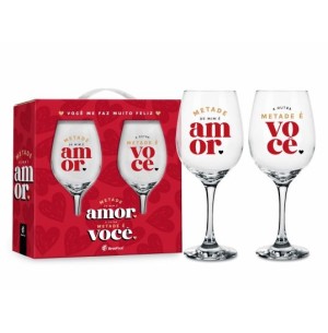 TAÇA VIDRO VINHO 385ML 2UN METADE DE MIM É VOCÊ A OUTRA É AMOR