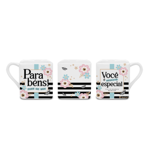 CANECA PORC.220ML QUADRADA PARABÉNS TUDO DE BOM