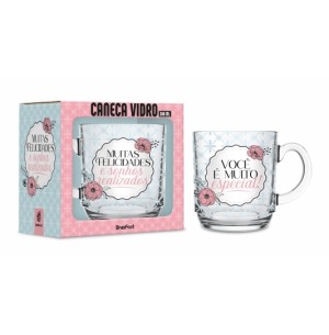 CANECA VIDRO ELEGANCE 300ML MUITAS FELICIDADES