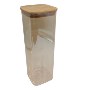 POTE VIDRO 30CM QUAD.TAMPA BAMBU ÂMBAR