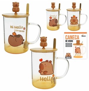 CANECA VIDRO 450ML CAPIVARA C/ TAMPA